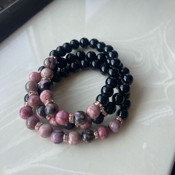 Rose coral jasper rhodonite obsidian ONE stretch bracket NEW handmade rhinestone - Picture 4 of 11